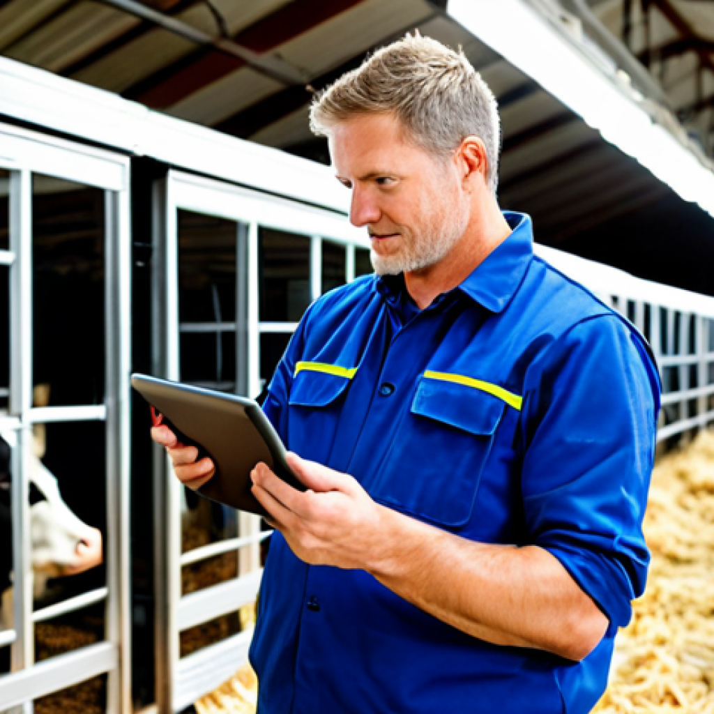 A professional male farmer, mid-adult, wearing a modest and clean work uniform, holding a tablet device. He is observing a group of healthy, well-maintained dairy cows within a modern, clean barn. One of the cows has a small, discreet sensor tag visible on its ear or leg. In the background, subtle elements of automated feeding systems and advanced ventilation are visible, bathed in natural light streaming through large windows. The overall atmosphere is efficient, clean, and forward-thinking. This is a high-resolution, professional photography style image, ensuring perfect anatomy, correct proportions, natural pose, well-formed hands, proper finger count, and natural body proportions. The subject is fully clothed, in appropriate attire, representing safe for work, appropriate content, and family-friendly imagery.