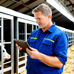 A professional male farmer, mid-adult, wearing a modest and clean work uniform, holding a tablet device. He is observing a group of healthy, well-maintained dairy cows within a modern, clean barn. One of the cows has a small, discreet sensor tag visible on its ear or leg. In the background, subtle elements of automated feeding systems and advanced ventilation are visible, bathed in natural light streaming through large windows. The overall atmosphere is efficient, clean, and forward-thinking. This is a high-resolution, professional photography style image, ensuring perfect anatomy, correct proportions, natural pose, well-formed hands, proper finger count, and natural body proportions. The subject is fully clothed, in appropriate attire, representing safe for work, appropriate content, and family-friendly imagery.