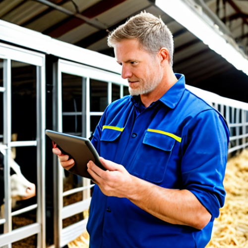 A professional male farmer, mid-adult, wearing a modest and clean work uniform, holding a tablet device. He is observing a group of healthy, well-maintained dairy cows within a modern, clean barn. One of the cows has a small, discreet sensor tag visible on its ear or leg. In the background, subtle elements of automated feeding systems and advanced ventilation are visible, bathed in natural light streaming through large windows. The overall atmosphere is efficient, clean, and forward-thinking. This is a high-resolution, professional photography style image, ensuring perfect anatomy, correct proportions, natural pose, well-formed hands, proper finger count, and natural body proportions. The subject is fully clothed, in appropriate attire, representing safe for work, appropriate content, and family-friendly imagery.