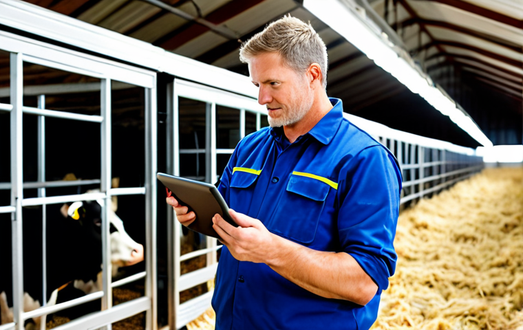 A professional male farmer, mid-adult, wearing a modest and clean work uniform, holding a tablet device. He is observing a group of healthy, well-maintained dairy cows within a modern, clean barn. One of the cows has a small, discreet sensor tag visible on its ear or leg. In the background, subtle elements of automated feeding systems and advanced ventilation are visible, bathed in natural light streaming through large windows. The overall atmosphere is efficient, clean, and forward-thinking. This is a high-resolution, professional photography style image, ensuring perfect anatomy, correct proportions, natural pose, well-formed hands, proper finger count, and natural body proportions. The subject is fully clothed, in appropriate attire, representing safe for work, appropriate content, and family-friendly imagery.