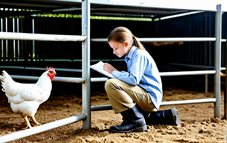 축산업 실기시험 실수 줄이는 법 - **Subject:** A livestock farmer. **Clothing:** Modest, practical work clothes (e.g., jeans, button-d...