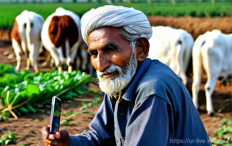 축산업 AI 기술 적용 사례 - **Prompt:** A vibrant, eye-level shot inside a modern yet accessible Pakistani farm shed during the ...