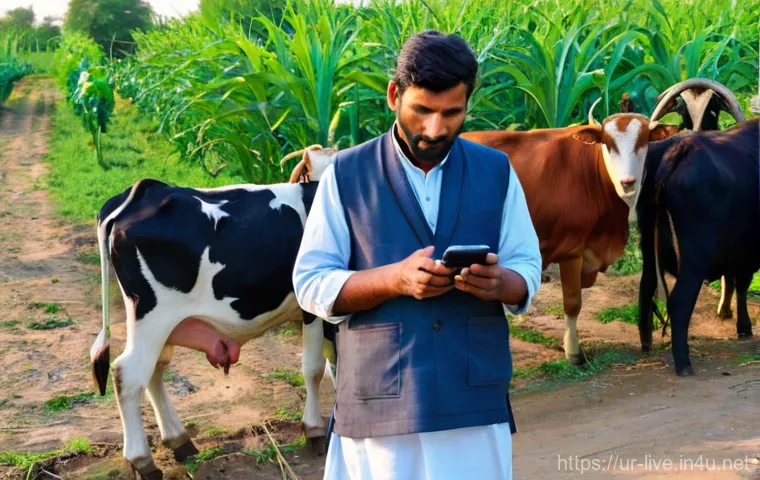 축산업 자격증 학습 앱 추천 - **Prompt:** A Pakistani farmer, a man in his late 40s with a kind, experienced face, stands in a sun...