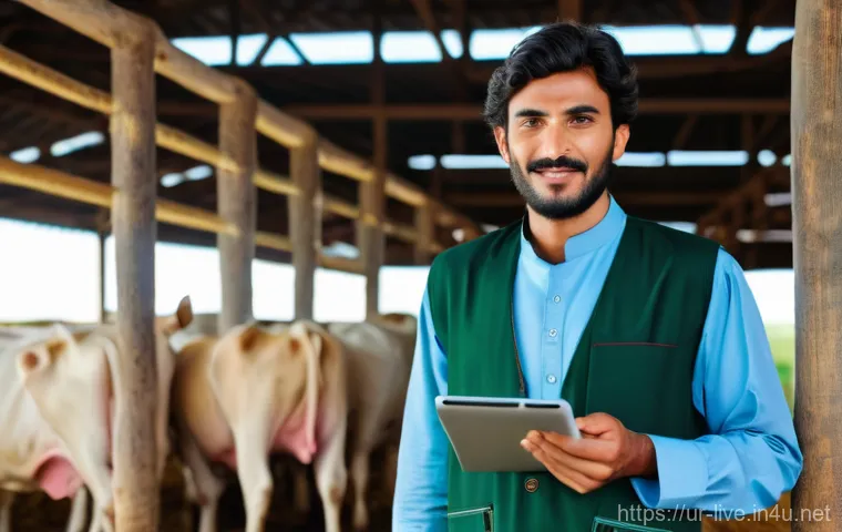 축산업 자격증 합격 비결 모음 - **Prompt:** A vibrant, eye-level shot of a modern livestock farm in a lush, green Pakistani rural la...