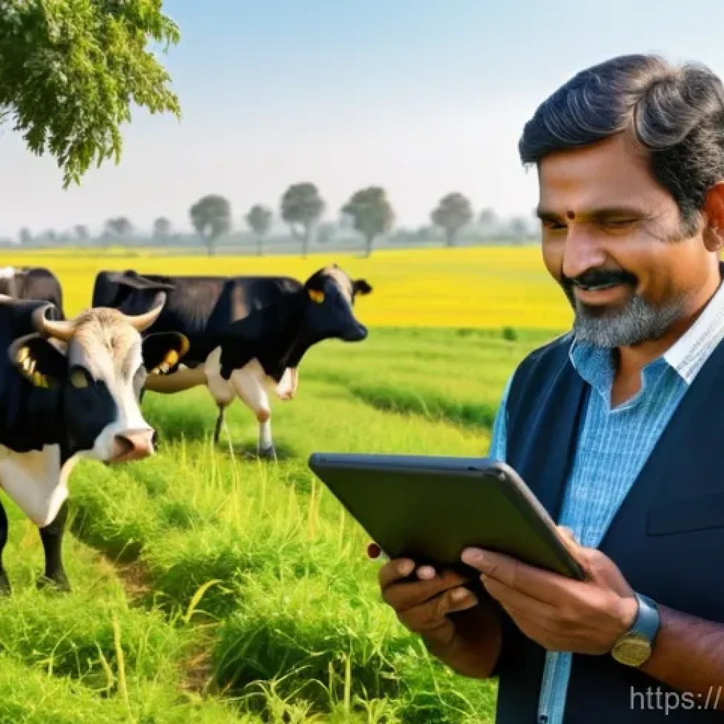 축산업 동물 건강증진 기술 - **Modern Farm Monitoring for Livestock Health**
A male farmer, in his late 40s, with a warm and ...