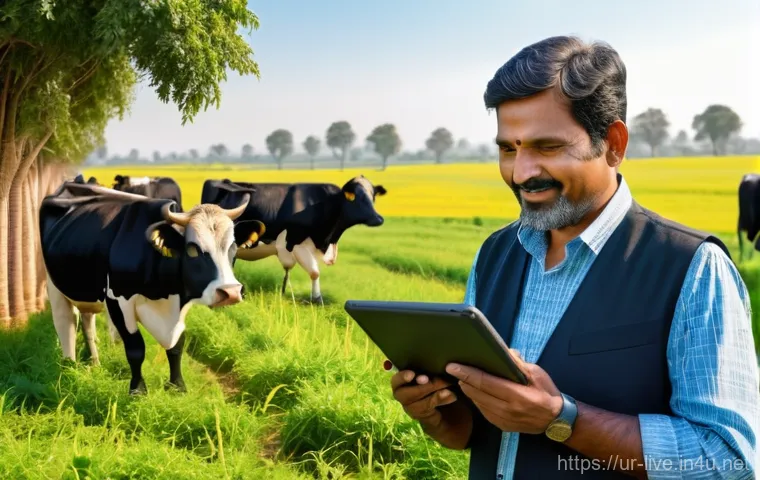 축산업 동물 건강증진 기술 - **Modern Farm Monitoring for Livestock Health**
A male farmer, in his late 40s, with a warm and ...