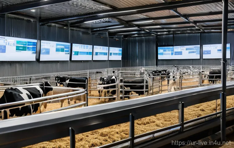 축산업 동물 건강증진 기술 - **Modern Farm Monitoring for Livestock Health**
    A male farmer, in his late 40s, with a warm and ...