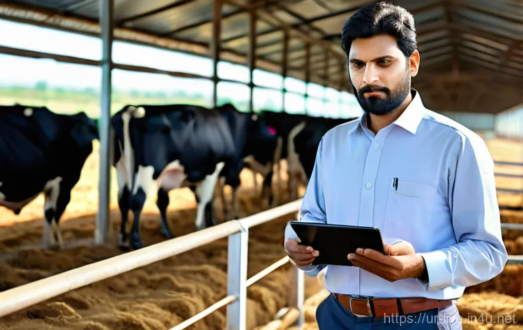 축산업 이직 후 적응기 - **Prompt: Dedicated Animal Healthcare on a Clean Farm**
    A professional Pakistani veterinarian, w...