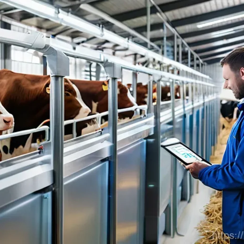 축산업 농장 자동화 성공 사례 - **Prompt: Automated Livestock Care and Smart Monitoring**
A modern, impeccably clean livestock f...