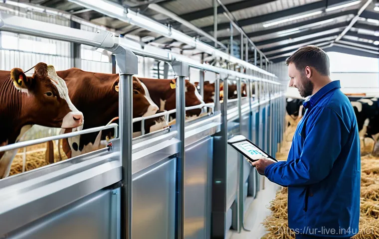 축산업 농장 자동화 성공 사례 - **Prompt: Automated Livestock Care and Smart Monitoring**
A modern, impeccably clean livestock f...