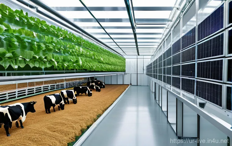 축산업 농장 자동화 성공 사례 - **Prompt: Farmer's Prosperity Through Automated Management**
    A wide shot of a serene, mid-sized ...