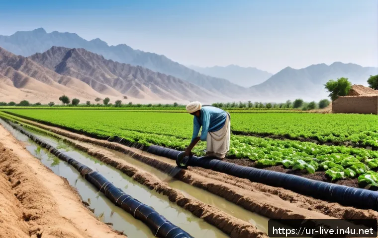 축산업 심화 학습 가이드 - A detailed agricultural scene in a dry region of Pakistan, showcasing a farmer installing a drip irr...