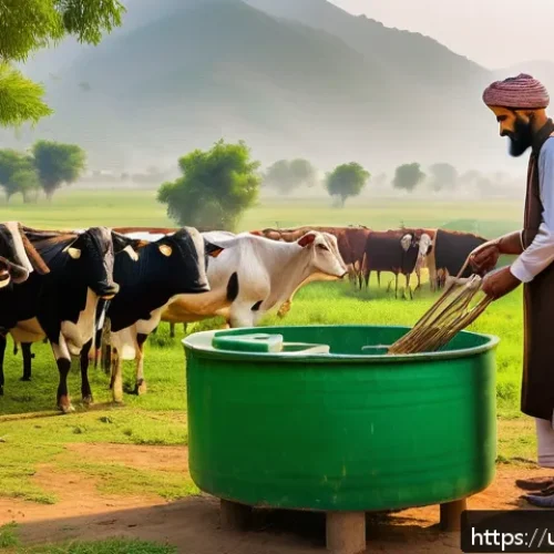 Home 17 축산업 관련 유튜브 채널 추천 - A detailed and vibrant rural Pakistani farm scene during early morning, featuring a middle-aged male...