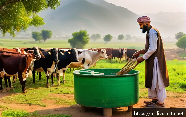 축산업 관련 유튜브 채널 추천 - A detailed and vibrant rural Pakistani farm scene during early morning, featuring a middle-aged male...