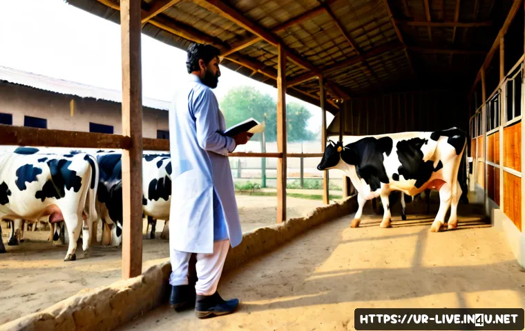 Home 17 축산업 자격증 활용 성공 사례 - Photorealistic Pakistani livestock entrepreneur in clean traditional shalwar kameez and protective b...