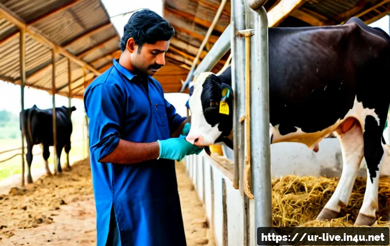 Home 17 축산업 실무에서 필요한 기술 - Photorealistic Pakistani livestock technician in clean practical work clothes examining a healthy da...