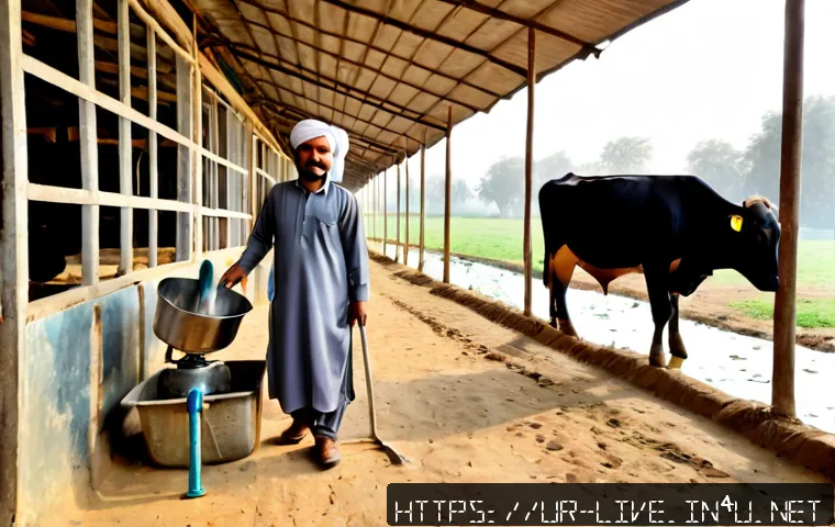 Home 17 축산업 주요 도구와 장비 - Photorealistic wide view of a well-organized Pakistani dairy farm at sunrise, a middle-aged farmer i...